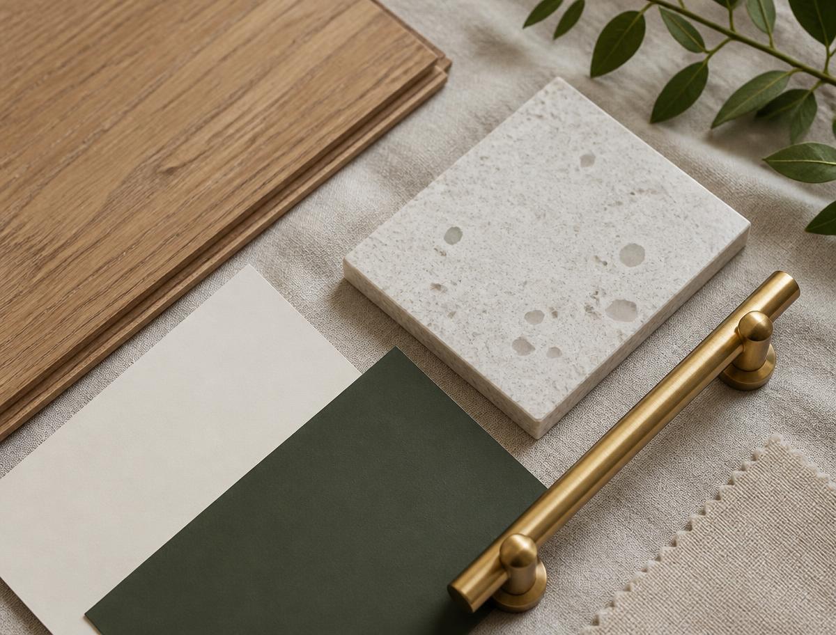 Flooring, countertop, paint swatch, and cabinet hardware samples