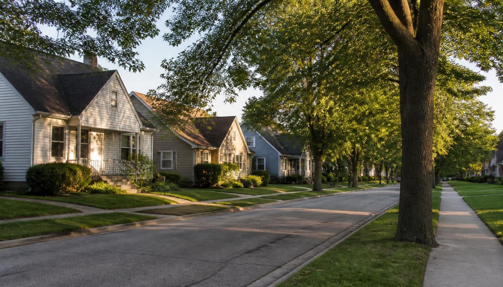 Tree-lined residential street of single-family homes in a Chicagoland neighborhood
